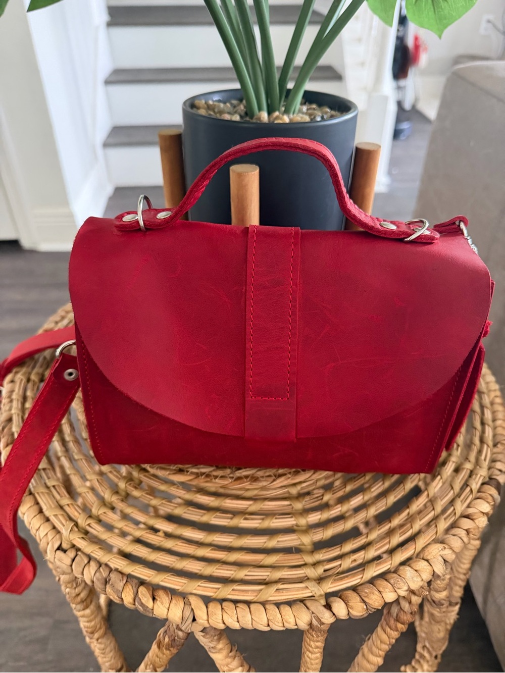 BlueBerry Craft Studio Red Leather Satchel Crossbody Handbag Handmade